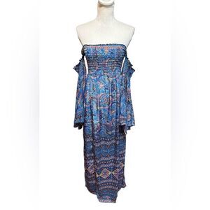 Karma Highway Silky Maxi Dress OS Long Off Shoulder Flare Sleeves Smocked Boho